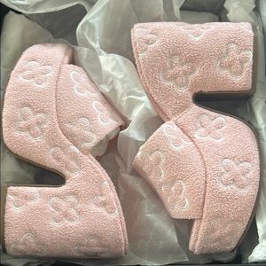 Larroude pink white platform sandals Margot towel tulip chunky block heels shoes